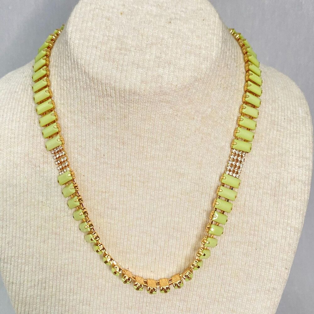💎Rhinestone Chain Necklace Yellow Green Rectangles With Tiny Pave' Stones